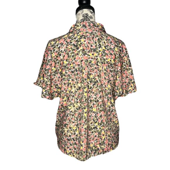Nine West (M) Floral Button Up Front Tie Collared Short Sleeve Shirt Blouse Top - Picture 4 of 12